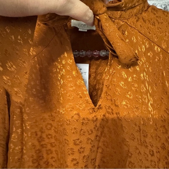 NWT LOFT Orange Satin Cheetah Print Tie Neck Long Sleeve Blouse shirt top - Picture 6 of 11